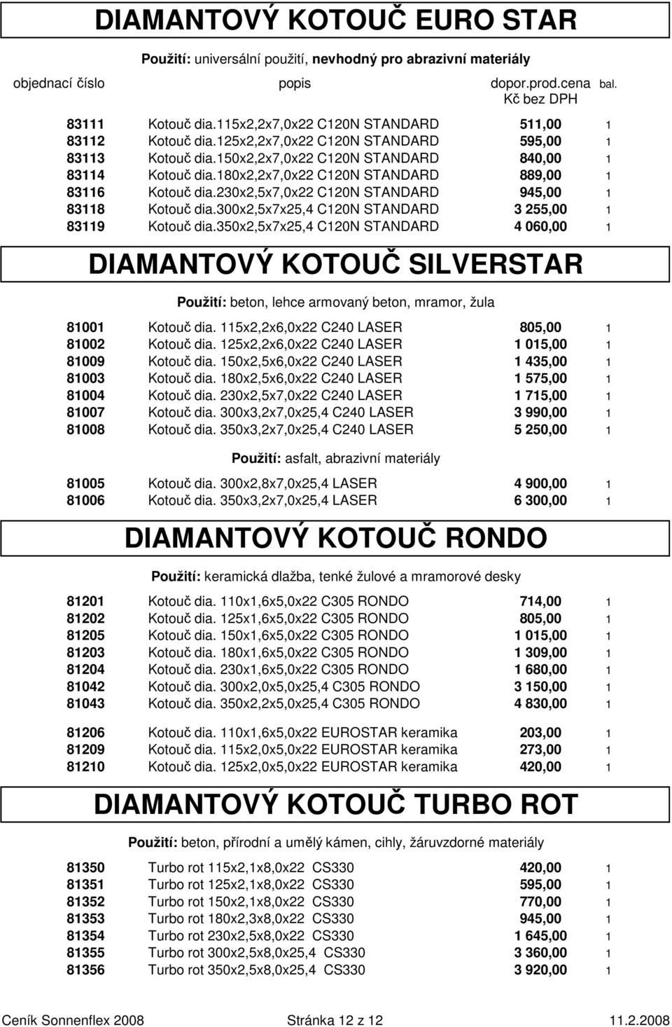 180x2,2x7,0x22 C120N STANDARD 889,00 1 83116 Kotouč dia.230x2,5x7,0x22 C120N STANDARD 945,00 1 83118 Kotouč dia.300x2,5x7x25,4 C120N STANDARD 3 255,00 1 83119 Kotouč dia.