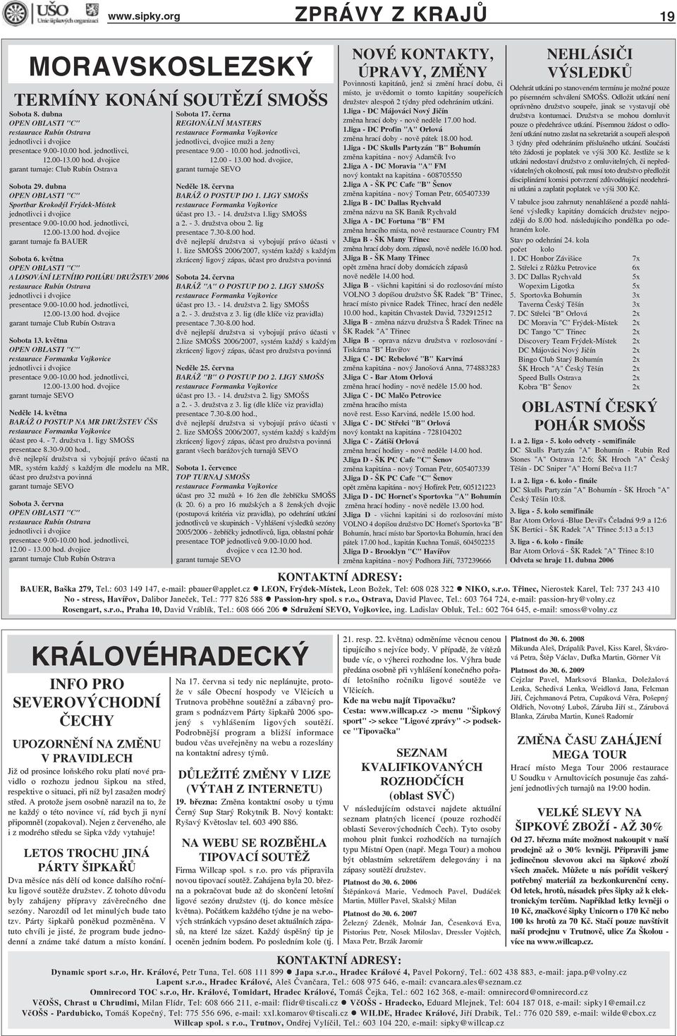 května OPEN OBLASTI "C" A LOSOVÁNÍ LETNÍHO POHÁRU DRUŽSTEV 2006 restaurace Rubín Ostrava jednotlivci i dvojice presentace 9.00-10.00 hod. jednotlivci, 12.00-13.00 hod. dvojice garant turnaje Club Rubín Ostrava Sobota 13.