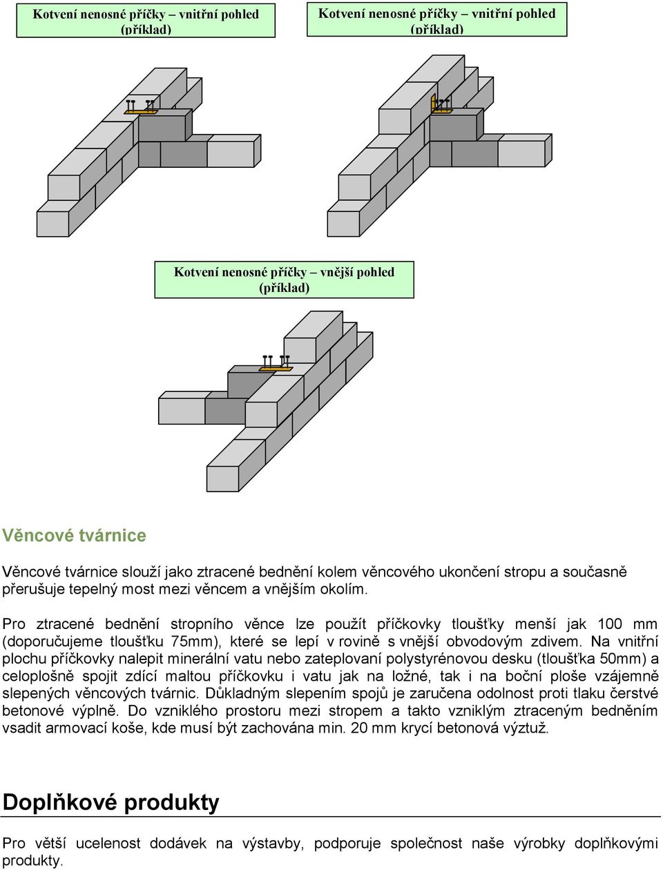 Pro ztracené bednění stropního věnce lze použít příčkovky tloušťky menší jak 100 mm (doporučujeme tloušťku 75mm), které se lepí v rovině s vnější obvodovým zdivem.