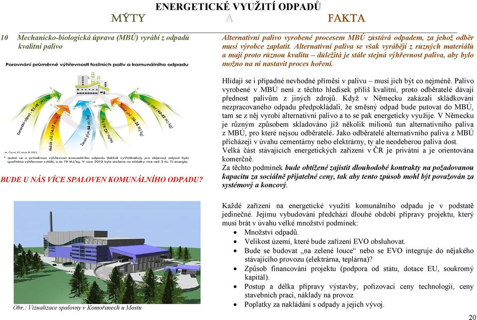 BUDE U NÁS VÍCE SPALOVEN KOMUNÁLNÍHO ODPADU? Obr.: Vizualizace spalovny v Komořanech u Mostu Hlídají se i případné nevhodné příměsi v palivu musí jich být co nejméně.