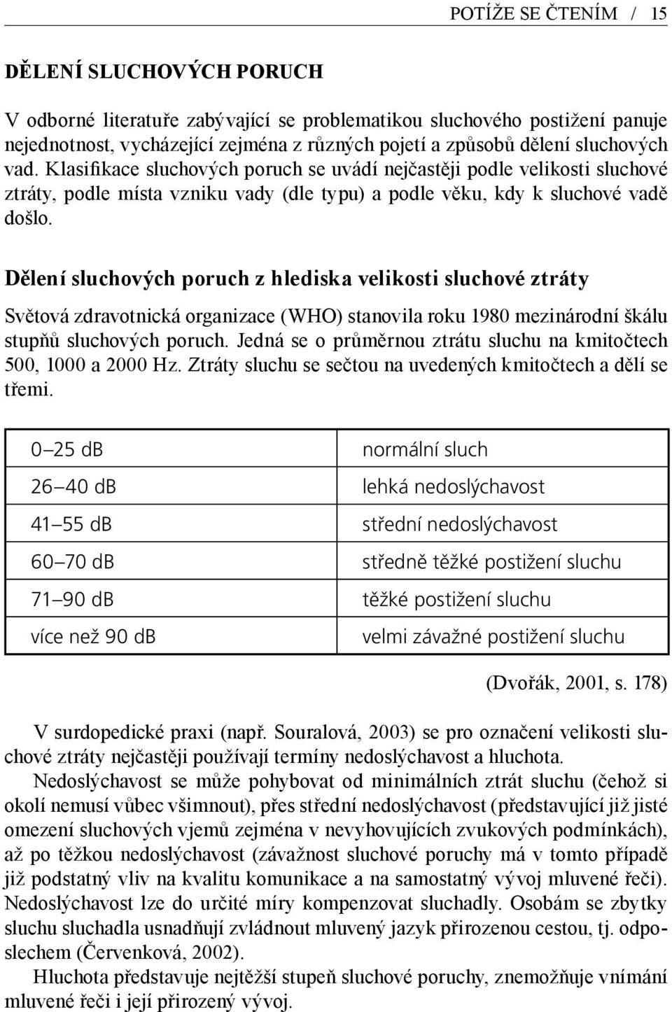 Dělení sluchových poruch z hlediska velikosti sluchové ztráty Světová zdravotnická organizace (WHO) stanovila roku 1980 mezinárodní škálu stupňů sluchových poruch.