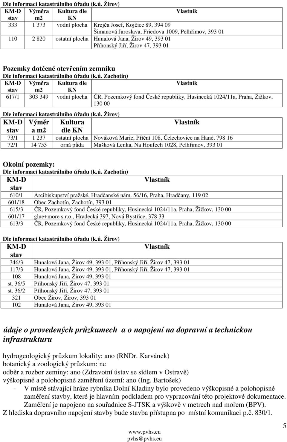 Žirov) KM-D Výměra Kultura dle Vlastník stav m2 KN 333 1 373 vodní plocha Krejča Josef, Kojčice 89, 394 09 Šimanová Jaroslava, Friedova 1009, Pelhřimov, 393 01 110 2 820 ostatní plocha Hunalová Jana,