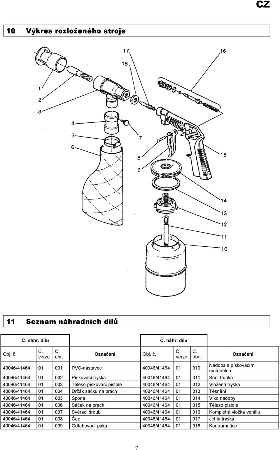 . Označení 40046/41464 01 001 PVC-nástavec 40046/41464 01 010 Nádoba s pískovacím materiálem 40046/41464 01 002 Pískovací tryska 40046/41464 01 011 Sací trubka 40046/41464 01 003 Těleso