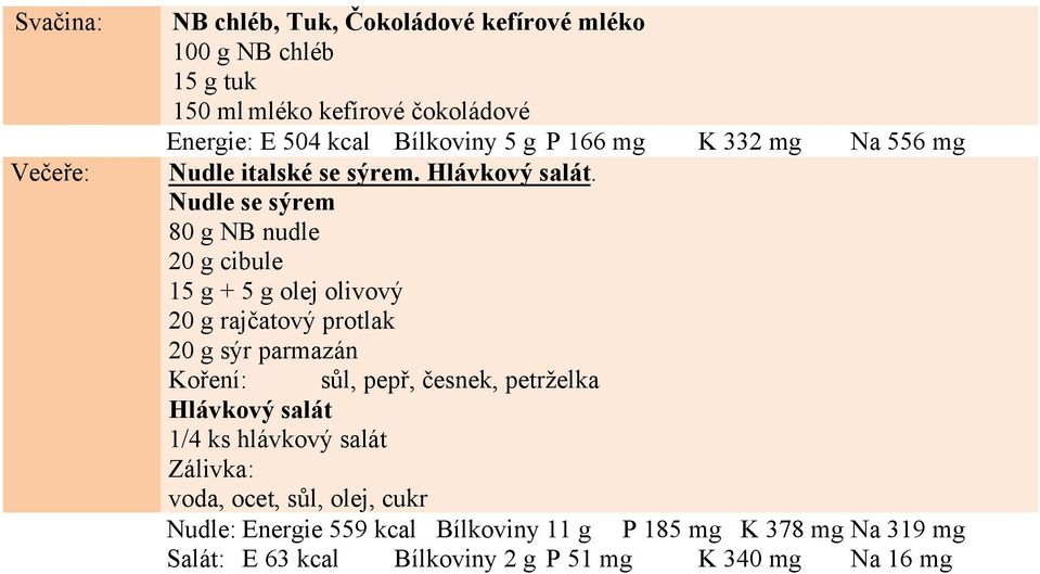 Nudle se sýrem 80 g NB nudle 20 g cibule 15 g + 5 g olej olivový 20 g rajčatový protlak 20 g sýr parmazán Koření: sůl, pepř, česnek,