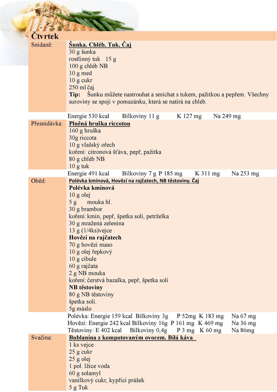 Energie 530 kcal Bílkoviny 11 g K 127 mg Na 249 mg Přesnídávka: Plněná hruška riccotou 160 g hruška 30g riccota 10 g vlašský ořech koření: citronová šťáva, pepř, pažitka 80 g chléb NB 10 g tuk