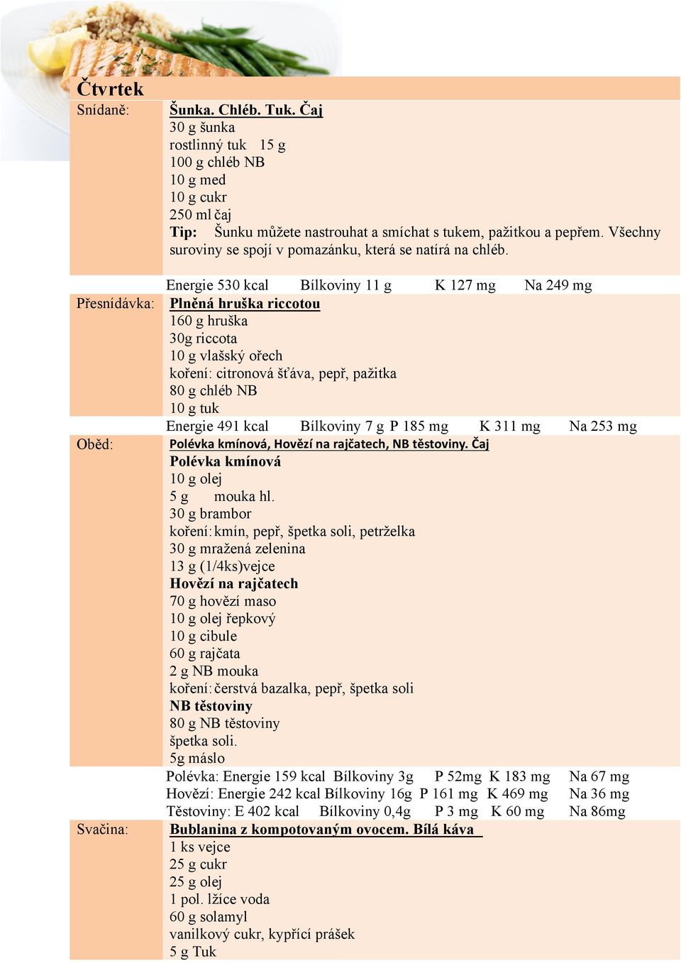 Energie 530 kcal Bílkoviny 11 g K 127 mg Na 249 mg Přesnídávka: Plněná hruška riccotou 160 g hruška 30g riccota 10 g vlašský ořech koření: citronová šťáva, pepř, pažitka 80 g chléb NB 10 g tuk