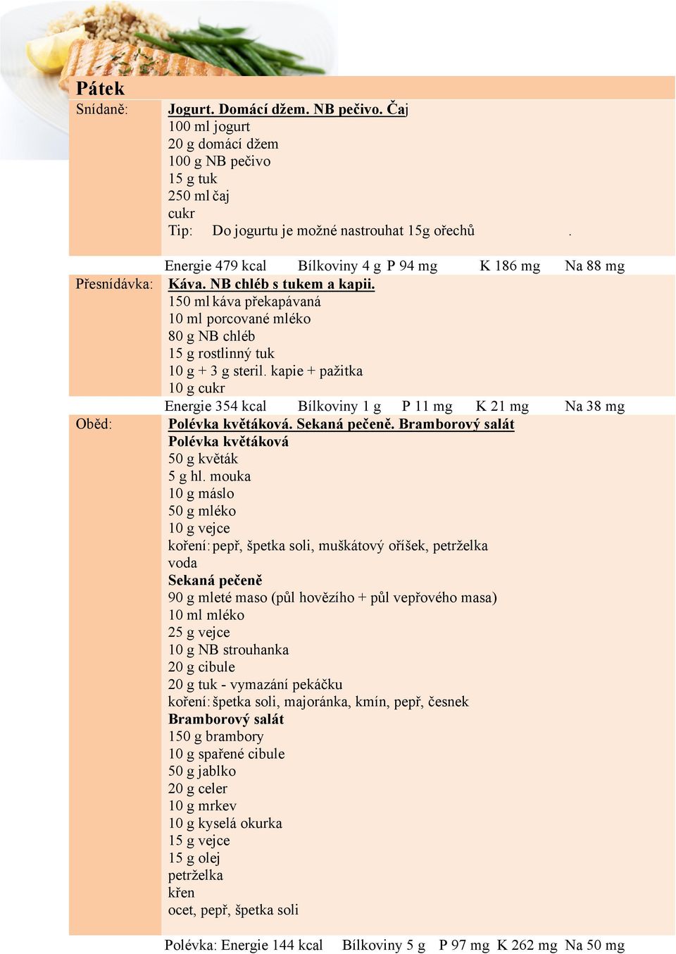 kapie + pažitka Energie 354 kcal Bílkoviny 1 g P 11 mg K 21 mg Na 38 mg Oběd: Polévka květáková. Sekaná pečeně. Bramborový salát Polévka květáková 50 g květák 5 g hl.