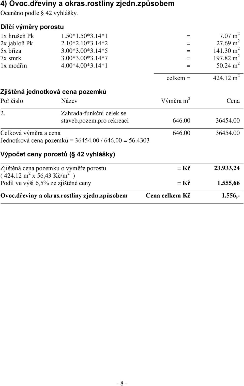 Zahrada-funkční celek se staveb.pozem.pro rekreaci 646.00 36454.00 Celková výměra a cena 646.00 36454.00 Jednotková cena pozemků = 36454.00 / 646.00 = 56.