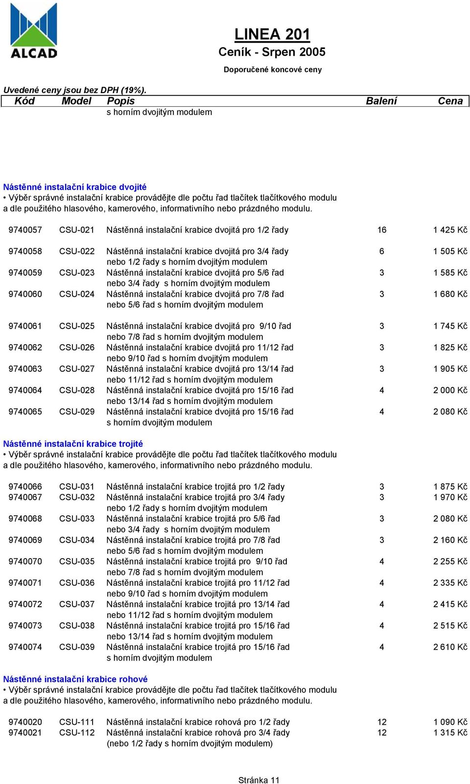 instalační krabice dvojitá pro 7/8 řad 3 1 680 Kč nebo 5/6 řad s horním dvojitým modulem 9740061 CSU-025 Nástěnná instalační krabice dvojitá pro 9/10 řad 3 1 745 Kč nebo 7/8 řad s horním dvojitým