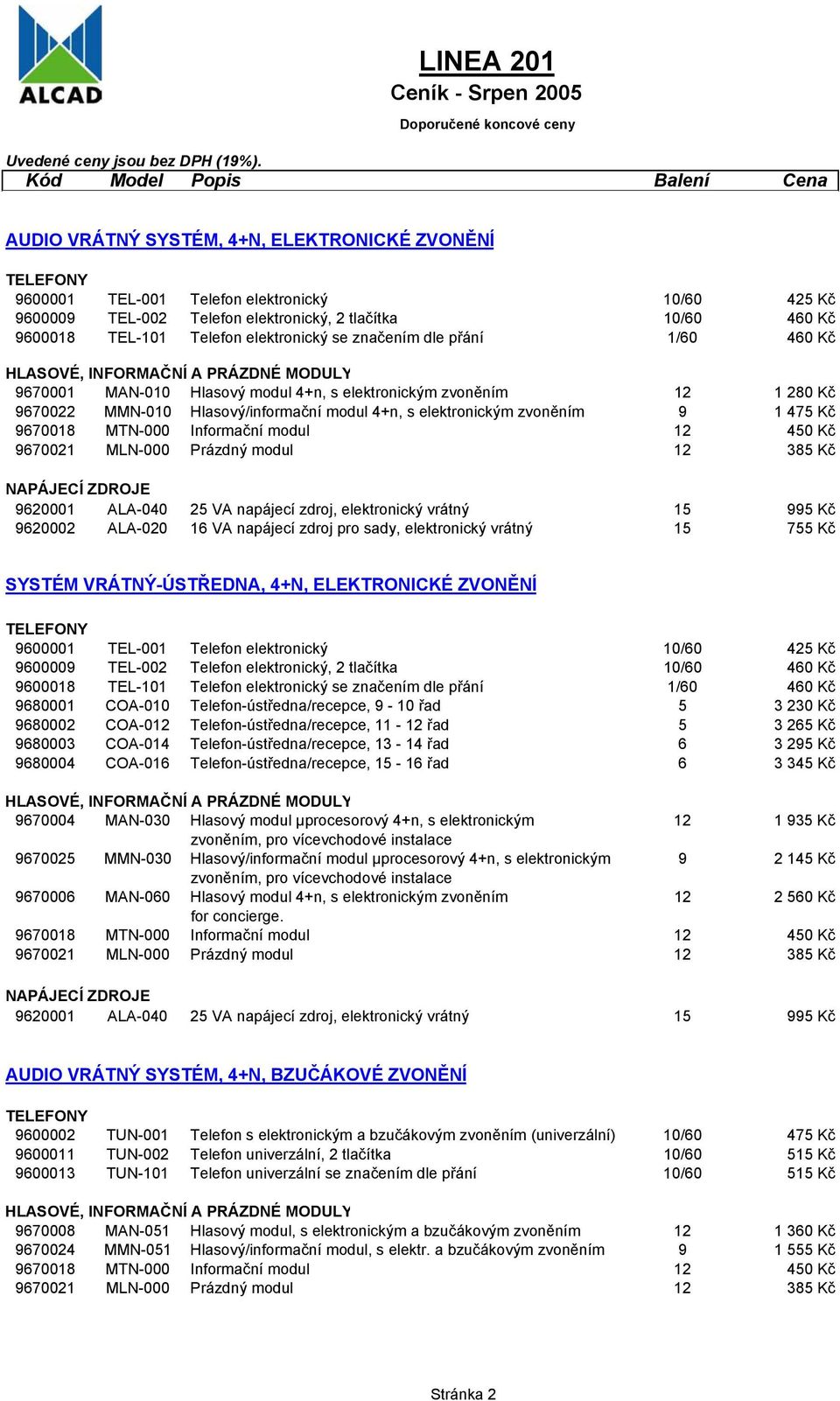 ALA-020 16 VA napájecí zdroj pro sady, elektronický vrátný 15 755 Kč SYSTÉM VRÁTNÝ-ÚSTŘEDNA, 4+N, ELEKTRONICKÉ ZVONĚNÍ 9600001 TEL-001 Telefon elektronický 10/60 425 Kč 9600009 TEL-002 Telefon