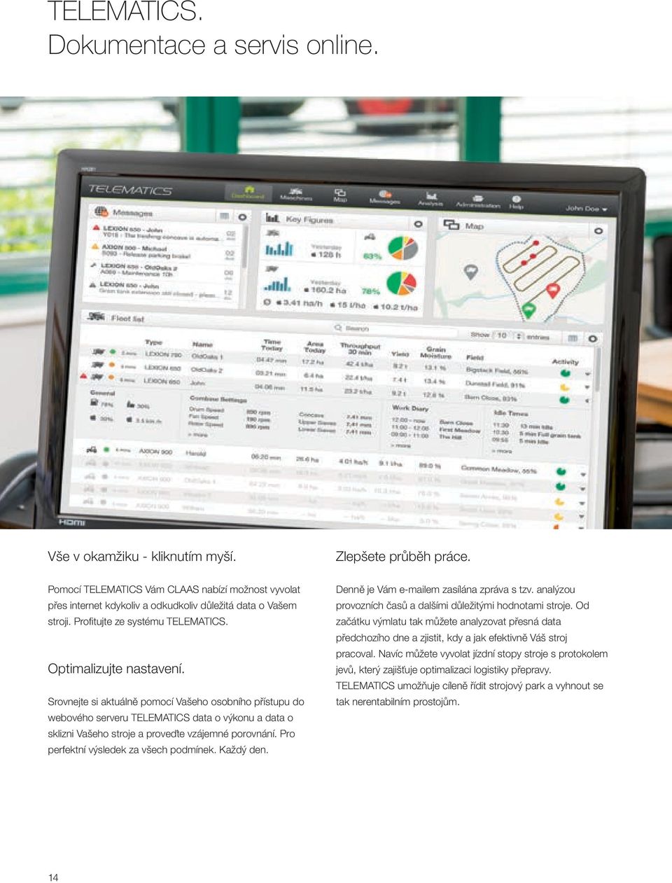 Srovnejte si aktuálně pomocí Vašeho osobního přístupu do webového serveru TELEMATICS data o výkonu a data o sklizni Vašeho stroje a proveďte vzájemné porovnání.