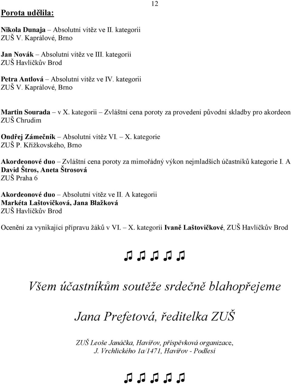 Kříţkovského, Brno Zvláštní cena poroty za mimořádný výkon nejmladších účastníků kategorie I. A David Štros, Aneta Štrosová ZUŠ Praha 6 Absolutní vítěz ve II.