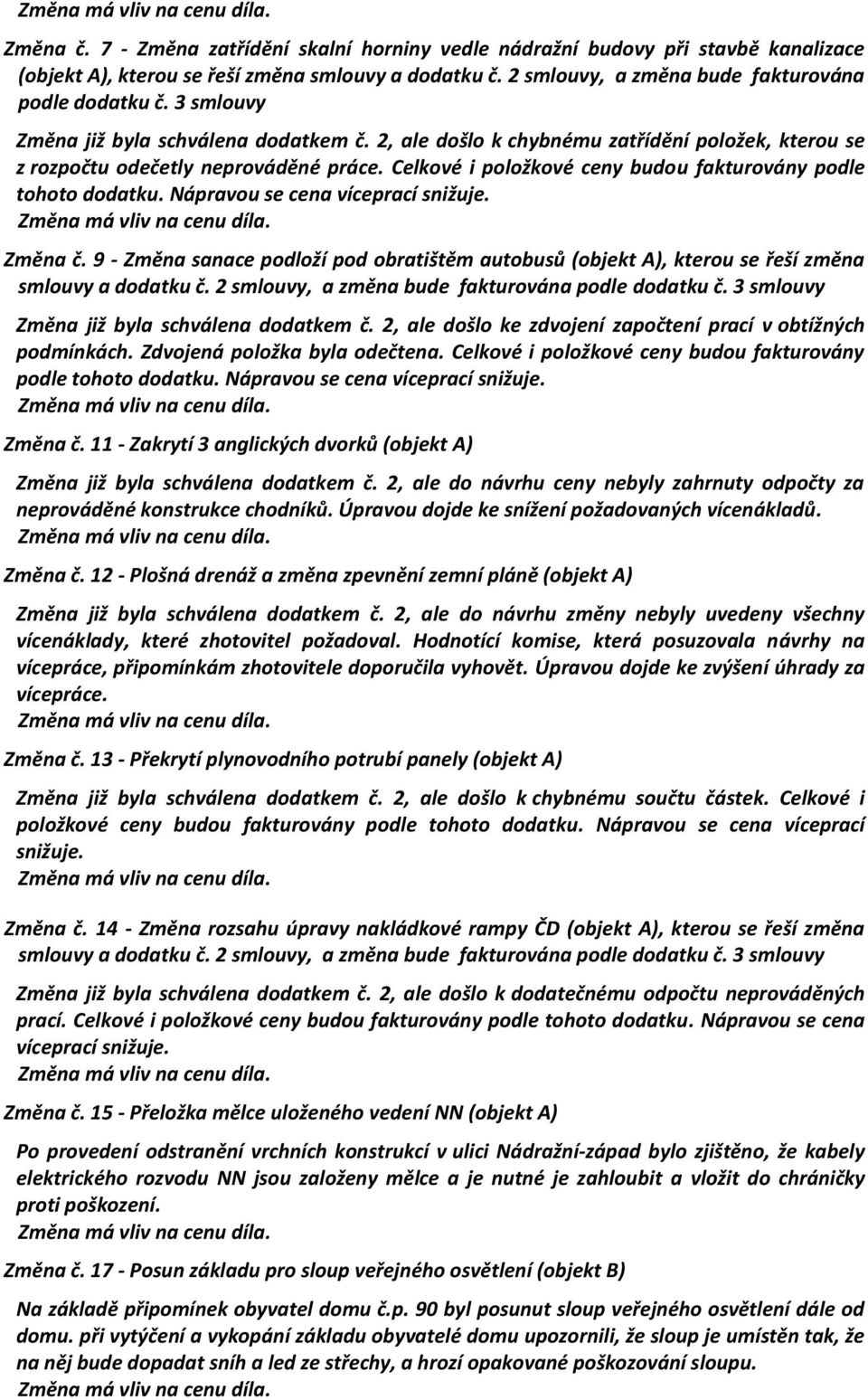 Celkové i položkové ceny budou fakturovány podle tohoto dodatku. Nápravou se cena víceprací snižuje. Změna má vliv na cenu díla. Změna č.