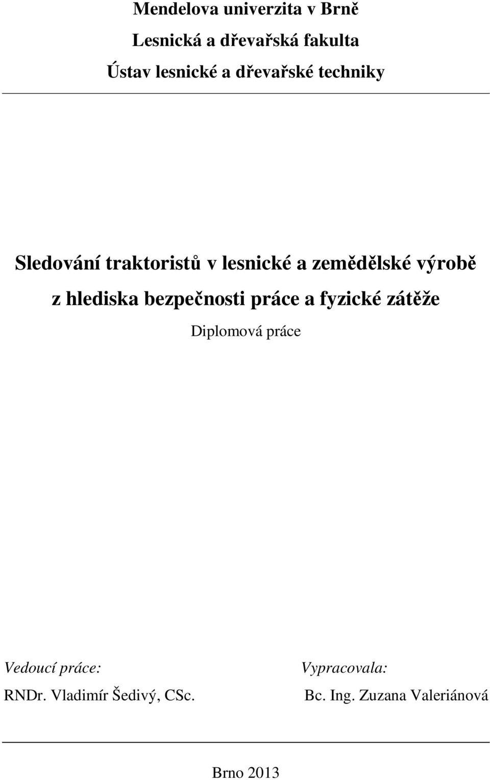 hlediska bezpečnosti práce a fyzické zátěže Diplomová práce Vedoucí práce: