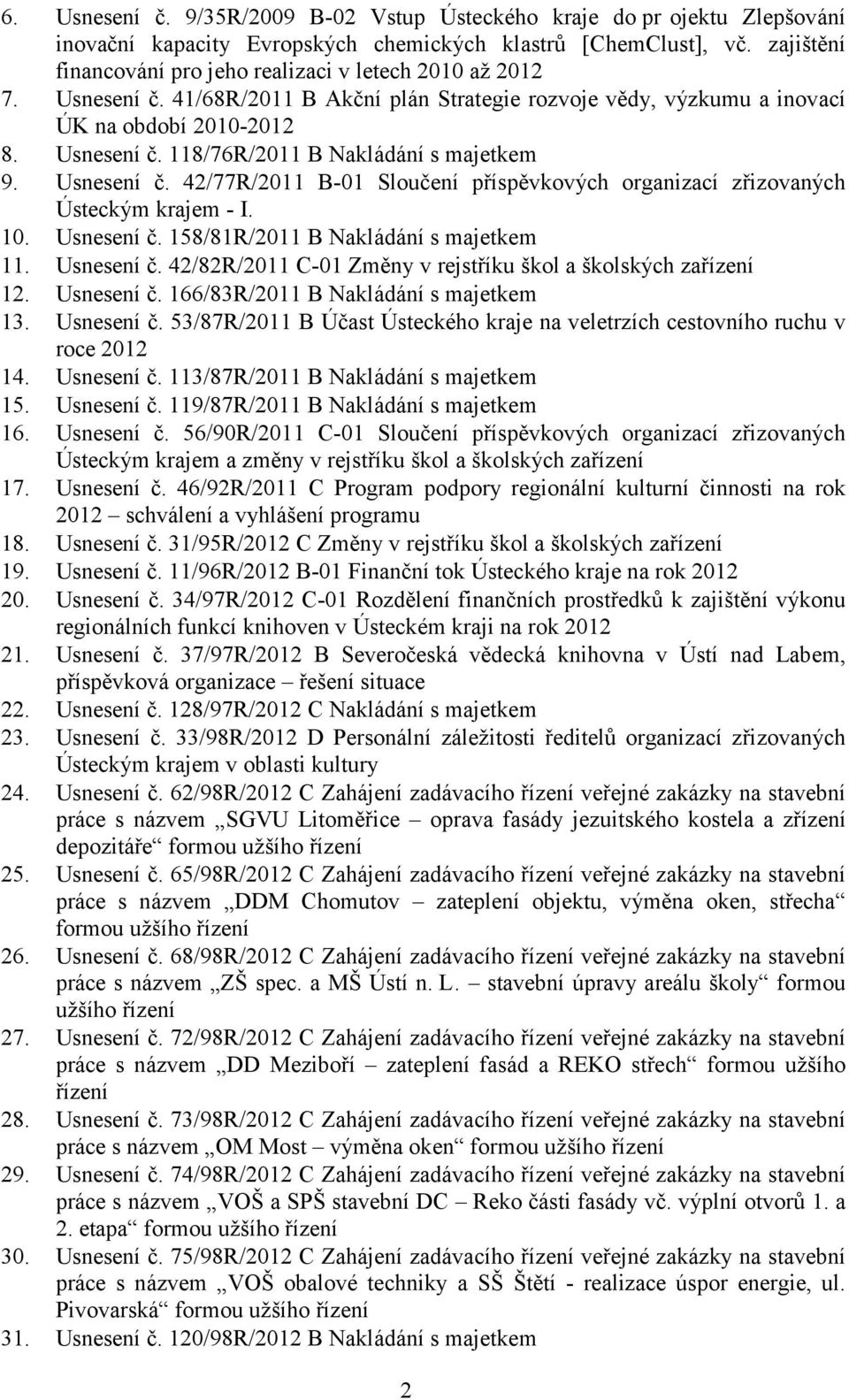 Usnesení č. 42/77R/2011 B-01 Sloučení příspěvkových organizací zřizovaných Ústeckým krajem - I. 10. Usnesení č. 158/81R/2011 B 11. Usnesení č. 42/82R/2011 C-01 Změny v rejstříku škol a školských zařízení 12.