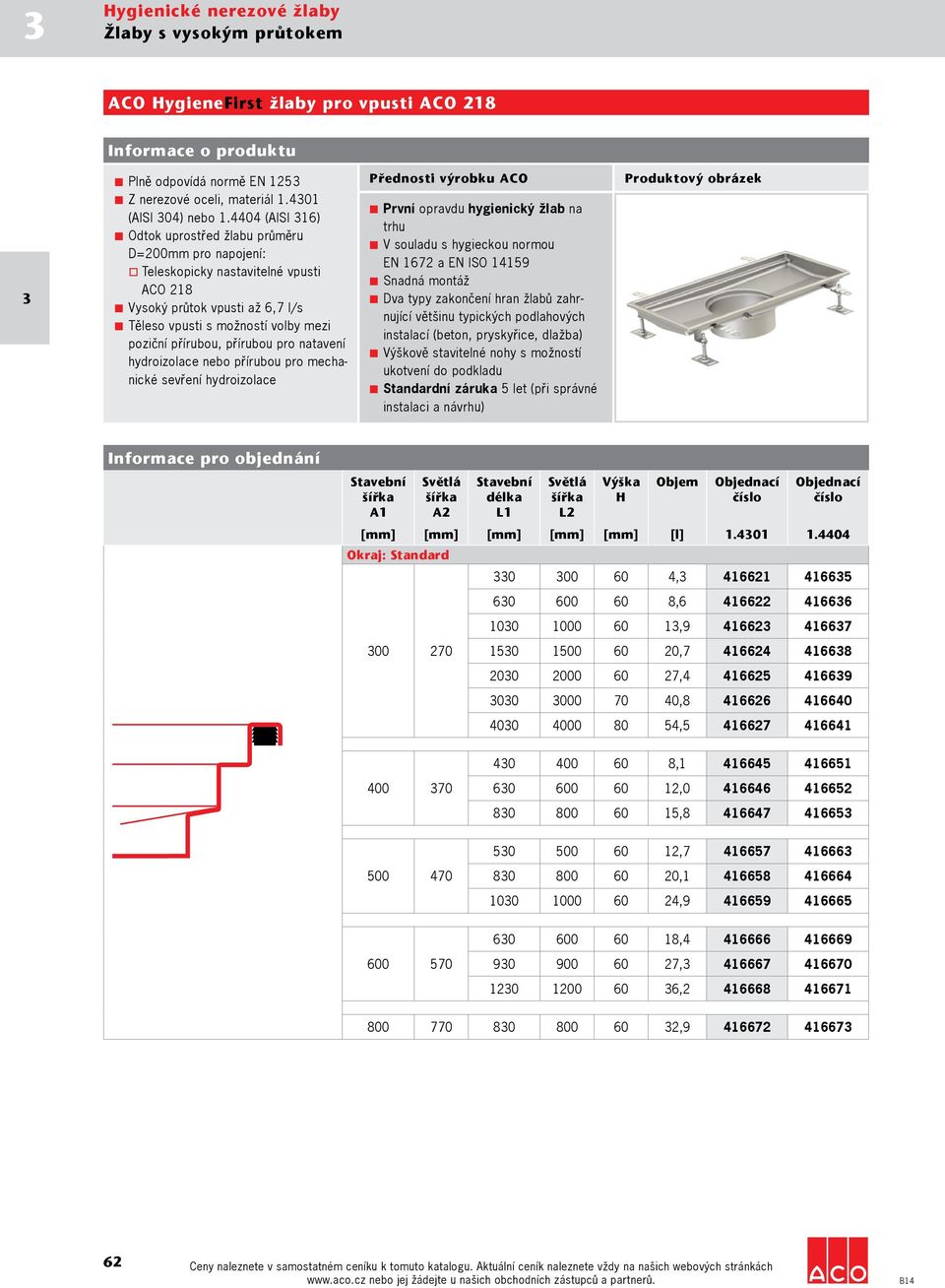 4404 (AISI 16) Odtok uprostřed žlabu průměru D=200mm pro napojení: Teleskopicky nastavitelné vpusti ACO 218 Vysoký průtok vpusti až 6,7 l/s Těleso vpusti s možností volby mezi poziční přírubou,