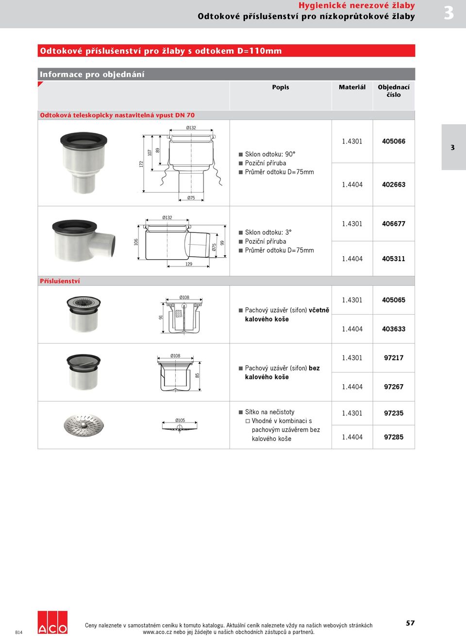 401 406677 Sklon odtoku: 106 Ø75 99 Poziční příruba Průměr odtoku D=75mm 129 1.4404 40511 Příslušenství Ø108 1.401 405065 91 Pachový uzávěr (sifon) včetně kalového koše 1.