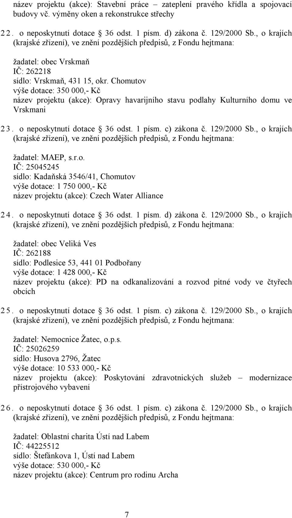 Chomutov výše dotace: 350 000,- Kč název projektu (akce): Opravy havarijního stavu podlahy Kulturního domu ve Vrskmani 23. o neposkytnutí dotace 36 odst. 1 písm. c) zákona č. 129/2000 Sb.