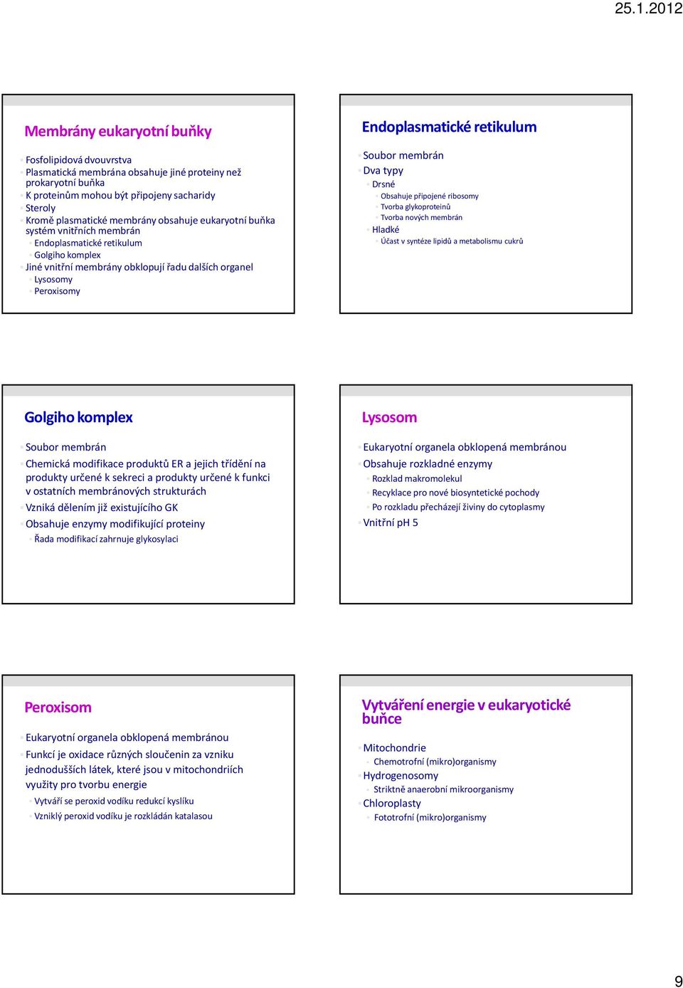 membrán Dva typy Drsné Obsahuje připojené ribosomy Tvorba glykoproteinů Tvorba nových membrán Hladké Účast v syntéze lipidů a metabolismu cukrů Golgiho komplex Soubor membrán Chemická modifikace