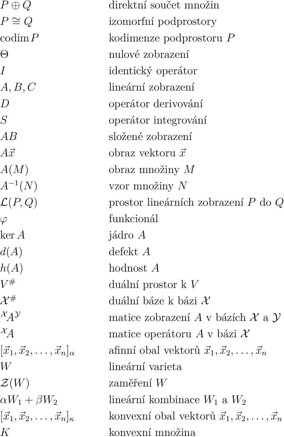 funkcionál jádro A defekt A hodnost A duální prostor k V duální báze k bázi X X Y A matice zobrazení A v bázích X a Y XA matice operátoru A v bázi X [ x 1, x 2,.