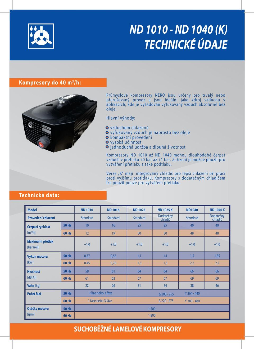 Hlavní výhody: - vzduchem chlazené - vyfukovaný vzduch je naprosto bez oleje - kompaktní provedení - vysoká účinnost - jednoduchá údržba a dlouhá životnost Kompresory ND 11 až ND 1 mohou dlouhodobě
