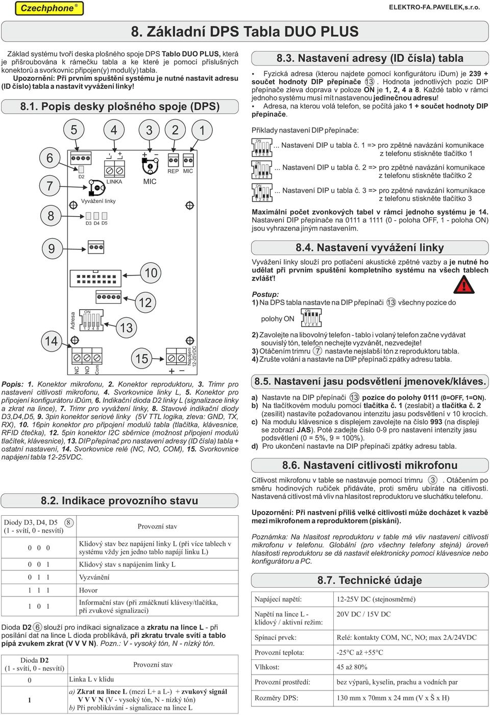 .. Popis desky plošného spoje (DPS) 6 7 5 D Vyvážení linky D3 D D5 L- L+ LINKA 3 + MIC - REP MIC.3. Nastavení adresy (ID čísla) tabla Fyzická adresa (kterou najdete pomocí konfigurátoru idum) je 39 + součet hodnoty DIP přepínače 3.