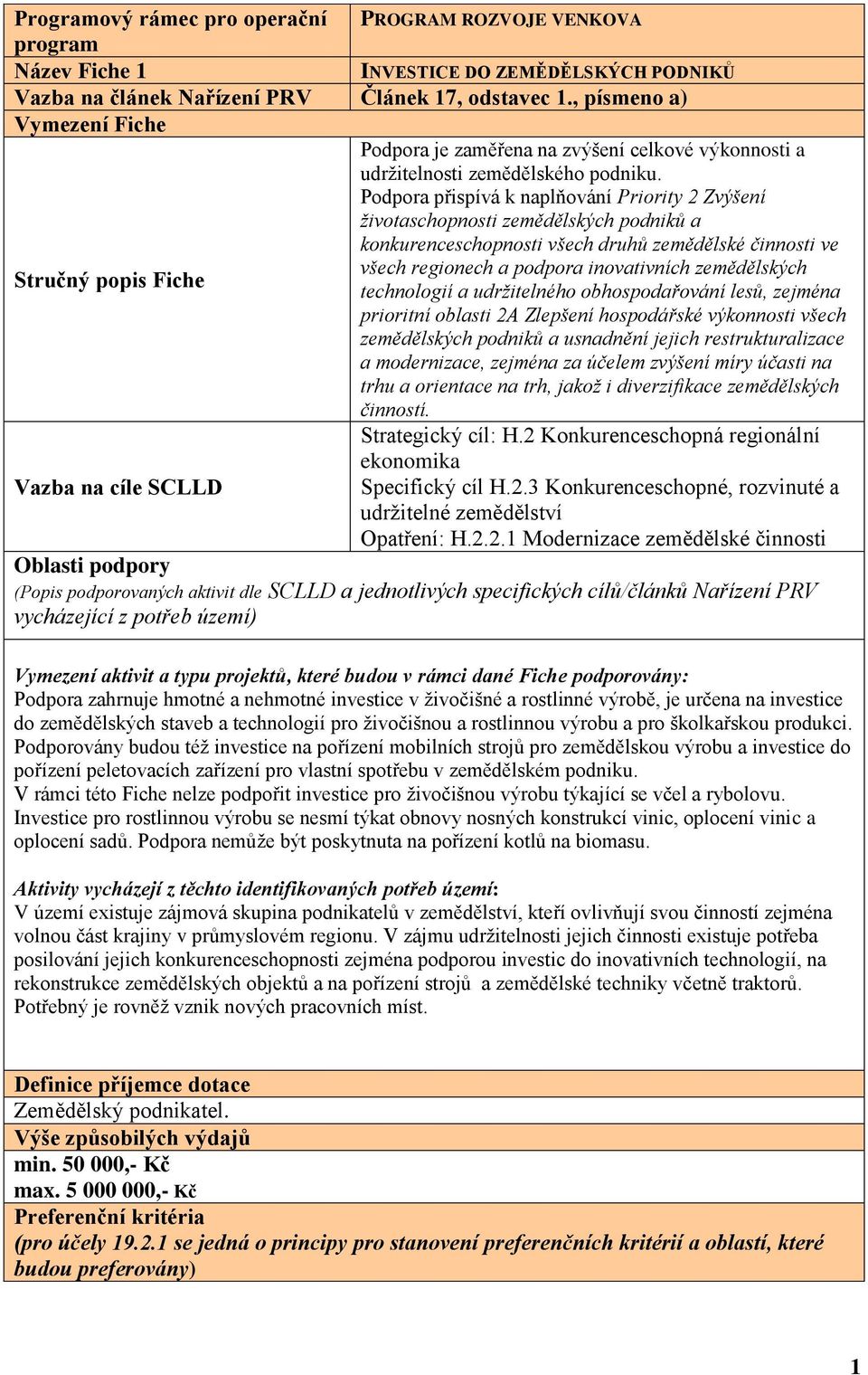 Podpora přispívá k naplňování Priority 2 Zvýšení životaschopnosti zemědělských podniků a konkurenceschopnosti všech druhů zemědělské činnosti ve všech regionech a podpora inovativních zemědělských