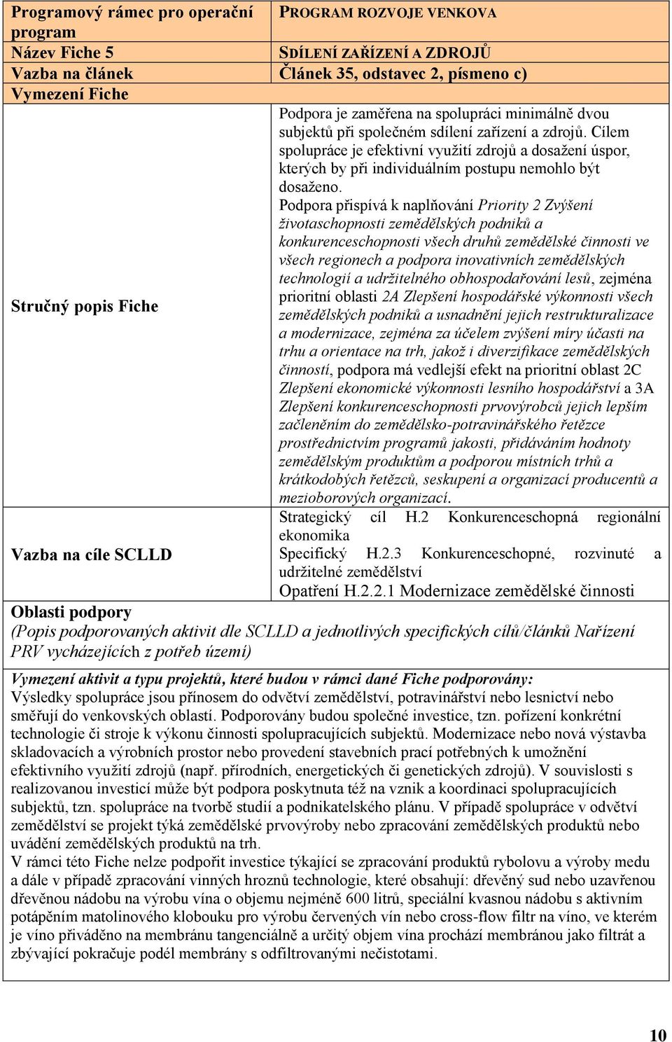 Podpora přispívá k naplňování Priority 2 Zvýšení životaschopnosti zemědělských podniků a konkurenceschopnosti všech druhů zemědělské činnosti ve všech regionech a podpora inovativních zemědělských