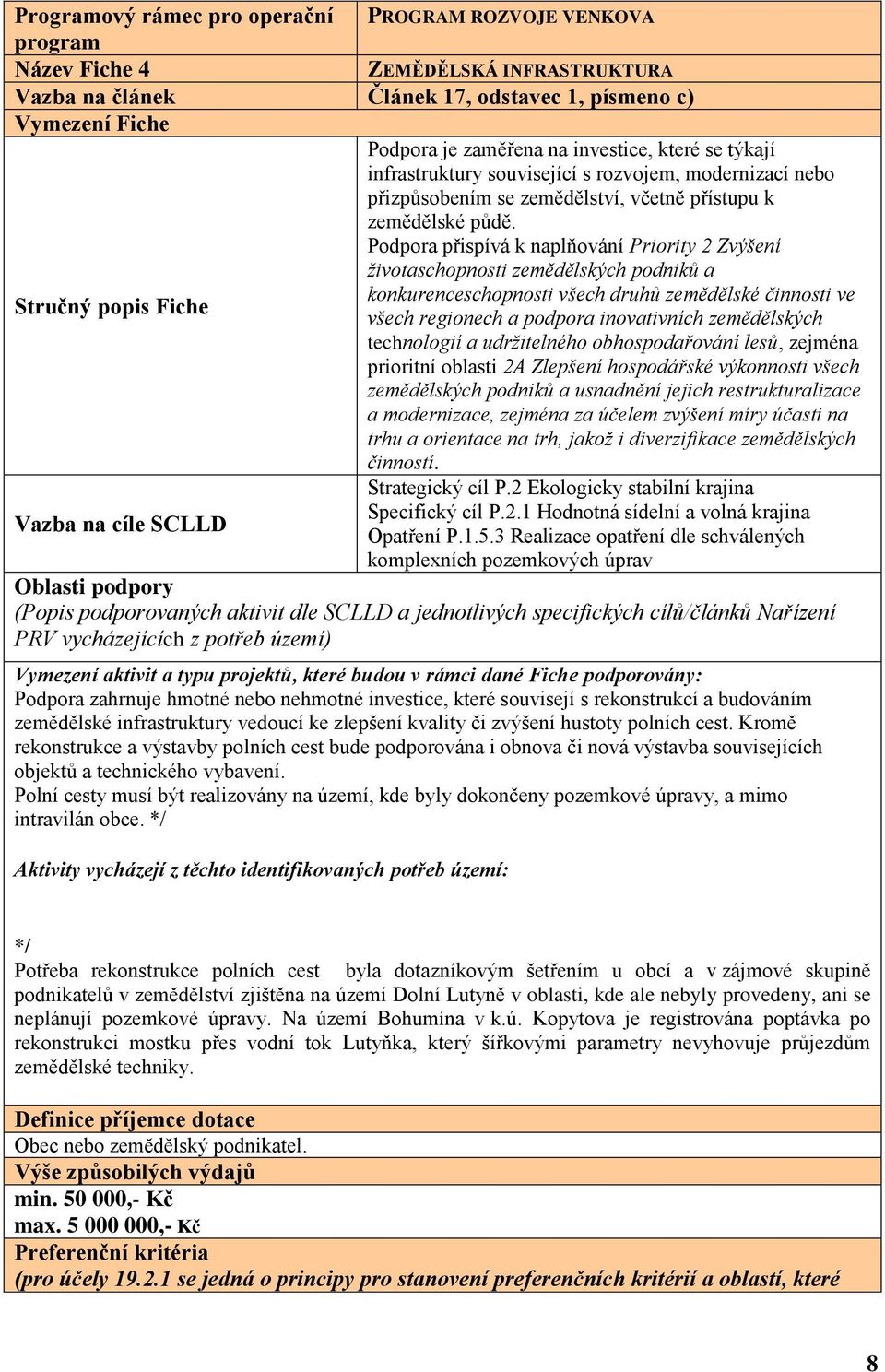 Podpora přispívá k naplňování Priority 2 Zvýšení životaschopnosti zemědělských podniků a konkurenceschopnosti všech druhů zemědělské činnosti ve Stručný popis Fiche všech regionech a podpora