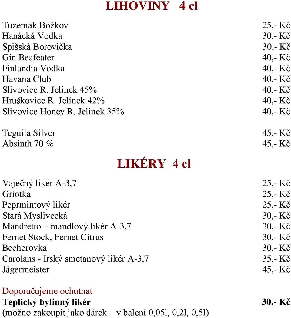 Jelínek 35% Teguila Silver Absinth 70 % LIKÉRY 4 cl Vaječný likér A-3,7 Griotka Peprmintový likér Stará Myslivecká Mandretto mandlový likér A-3,7 Fernet