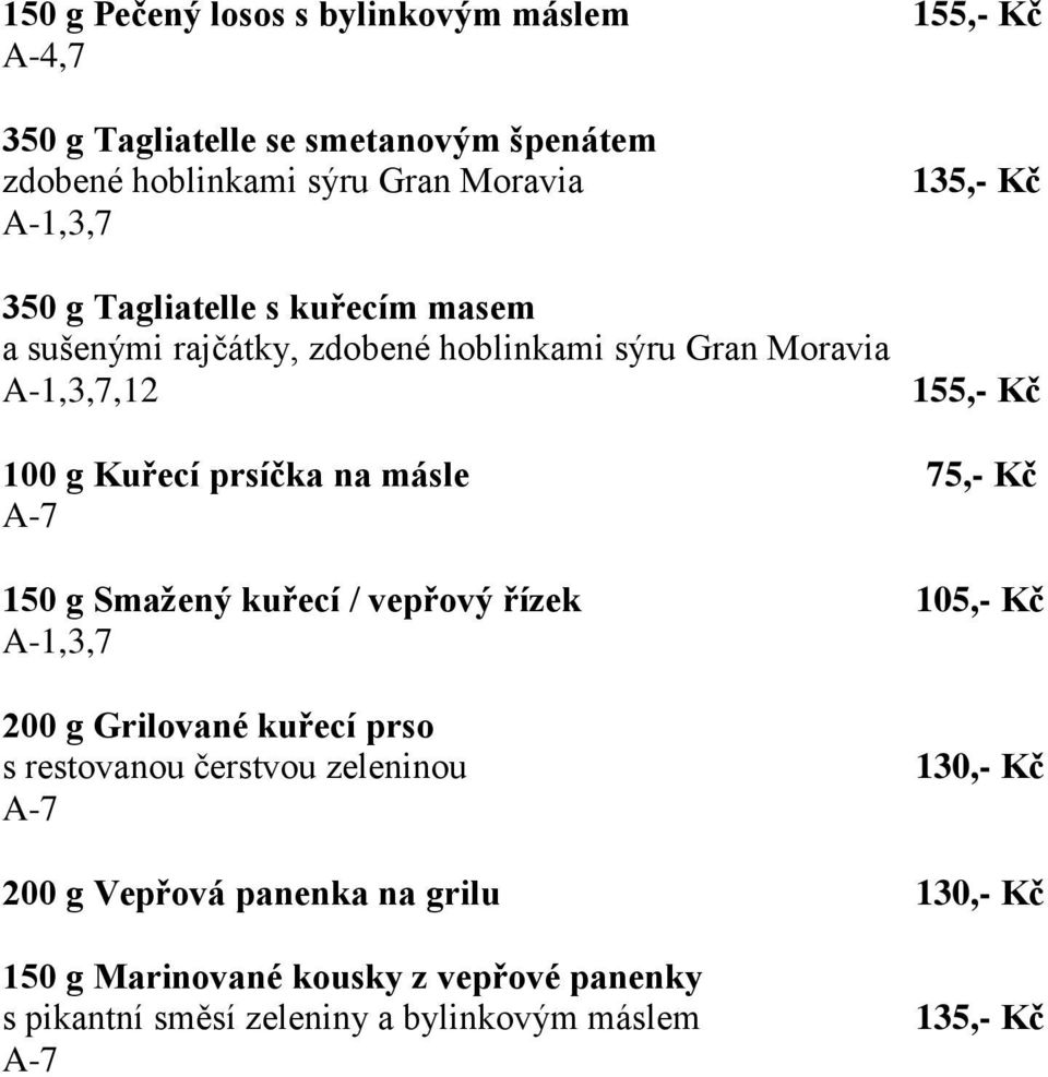 na másle 75,- Kč A-7 150 g Smažený kuřecí / vepřový řízek 105,- Kč A-1,3,7 200 g Grilované kuřecí prso s restovanou čerstvou zeleninou A-7