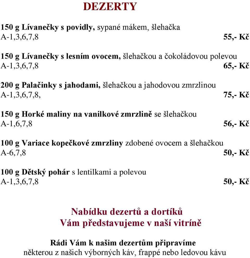 A-1,6,7,8 75,- Kč 56,- Kč 100 g Variace kopečkové zmrzliny zdobené ovocem a šlehačkou A-6,7,8 50,- Kč 100 g Dětský pohár s lentilkami a polevou