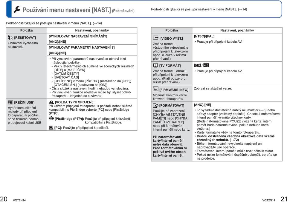 ] [ANO]/[NE] Při vynulování parametrů nastavení se obnoví také následující položky: - Věk v letech/měsících a jména ve scénických režimech [DÍTĚ] a [MAZLÍČEK] - [DATUM CESTY] - [SVĚTOVÝ ČAS] -