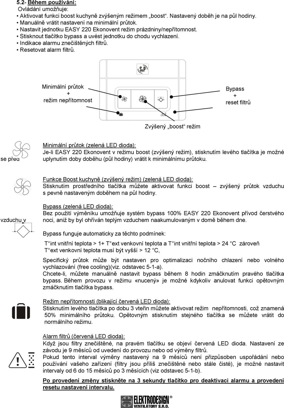 Minimální průtok + režim nepřítomnost Bypass + reset filtrů Zvýšený boost režim se před Minimální průtok (zelená LED dioda): Je-li EASY 220 Ekonovent v režimu boost (zvýšený režim), stisknutím levého