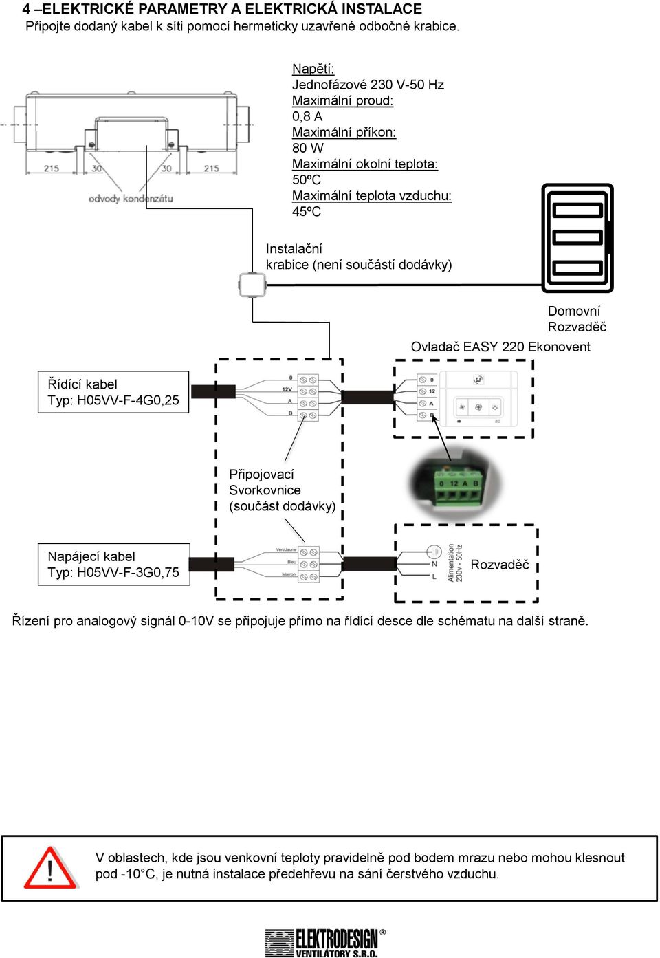 dodávky) Domovní Rozvaděč Ovladač EASY 220 Ekonovent Řídící kabel Typ: H05VV-F-4G0,25 Připojovací Svorkovnice (součást dodávky) Napájecí kabel Typ: H05VV-F-3G0,75 Rozvaděč Řízení