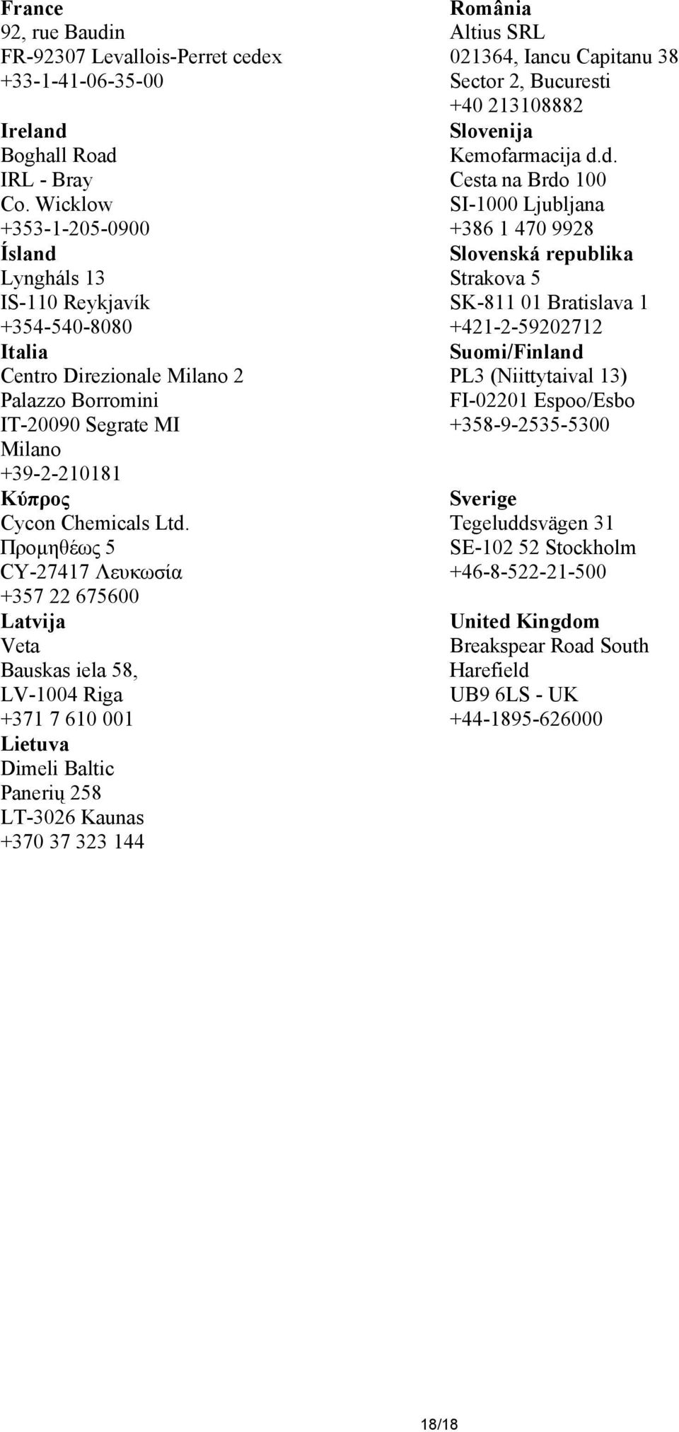 Προµηθέως 5 CY-27417 Λευκωσία +357 22 675600 Latvija Veta Bauskas iela 58, LV-1004 Riga +371 7 610 001 Lietuva Dimeli Baltic Panerių 258 LT-3026 Kaunas +370 37 323 144 România Altius SRL 021364,