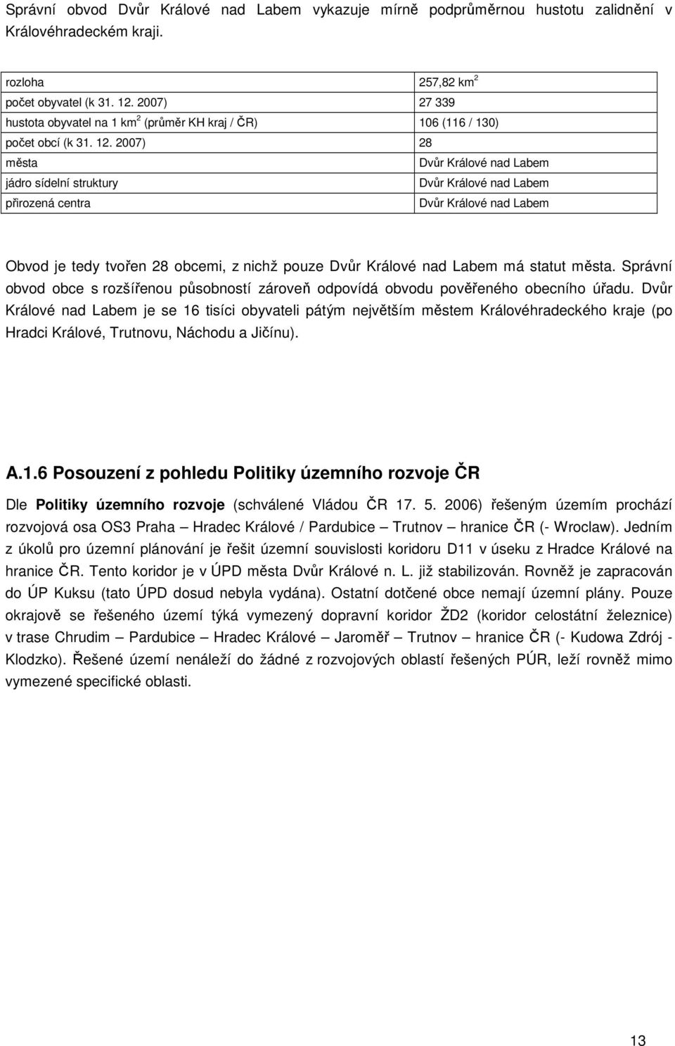 2007) 28 města Dvůr Králové nad Labem jádro sídelní struktury Dvůr Králové nad Labem přirozená centra Dvůr Králové nad Labem Obvod je tedy tvořen 28 obcemi, z nichž pouze Dvůr Králové nad Labem má