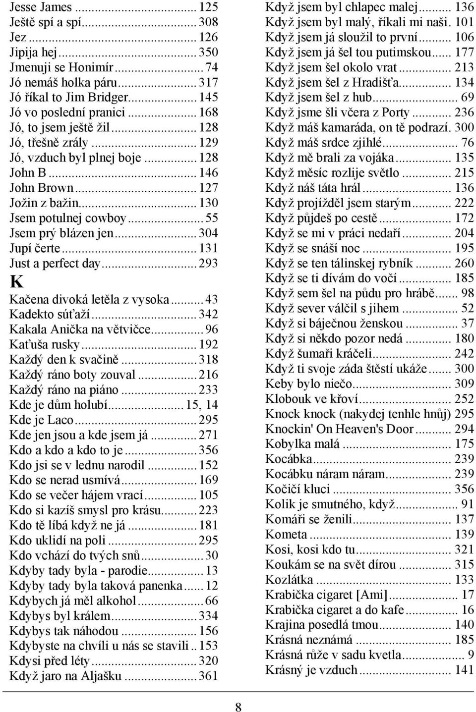 ..293 K Kačena divoká letěla z vysoka...43 Kadekto súťaží...342 Kakala Anička na větvičce...96 Kaťuša rusky...192 Každý den k svačině...318 Každý ráno boty zouval...216 Každý ráno na piáno.