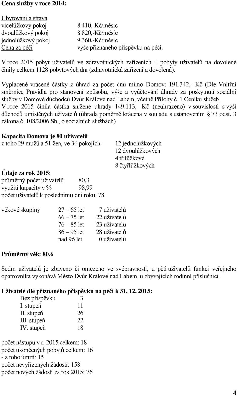 Vyplacené vrácené částky z úhrad za počet dnů mimo Domov: 191.