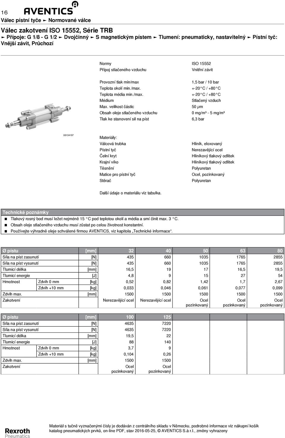 velikost částic 50 µm Obsah oleje stlačeného vzduchu 0 mg/m³ - 5 mg/m³ Tlak ke stanovení sil na píst 6,3 bar 00134197 Materiály: Válcová trubka Pístní tyč Čelní kryt Krajní víko Těsnění Matice pro