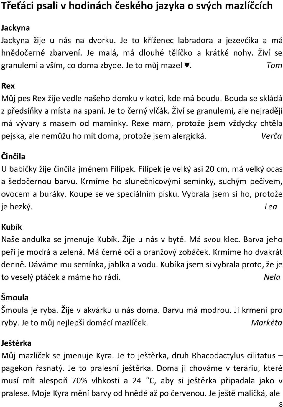 Bouda se skládá z předsíňky a místa na spaní. Je to černý vlčák. Živí se granulemi, ale nejraději má vývary s masem od maminky.