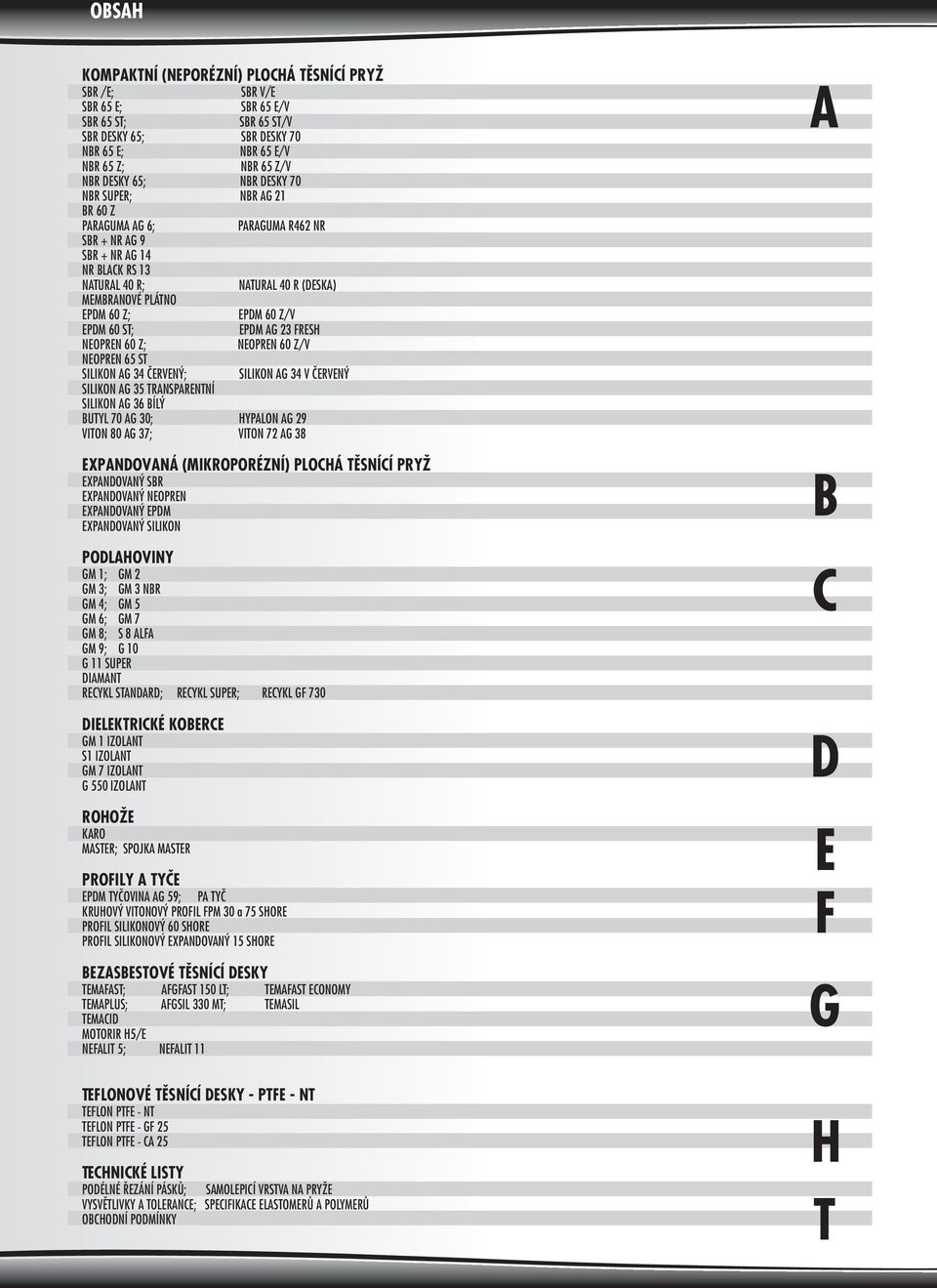 EPDM AG FRESH NEOPREN 60 Z; NEOPREN 60 Z/V NEOPREN 65 ST SILIKON AG 4 ÈERVENÝ; SILIKON AG 4 V ÈERVENÝ SILIKON AG 5 TRANSPARENTNÍ SILIKON AG 6 BÍLÝ BUTYL 70 AG 0; HYPALON AG 9 VITON 80 AG 7; VITON 7