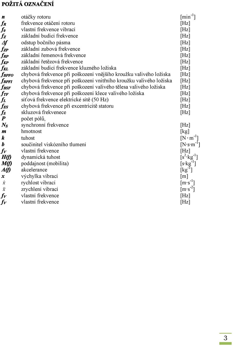 valivého ložiska [Hz] f BPFI chybová frekvence při poškození vnitřního kroužku valivého ložiska [Hz] f BSF chybová frekvence při poškození valivého tělesa valivého ložiska [Hz] f TF chybová frekvence