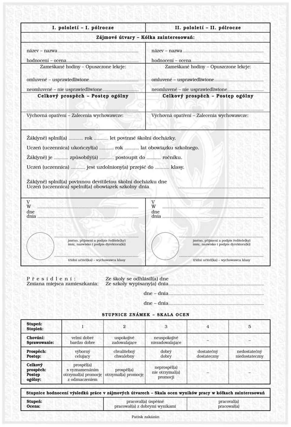 .. Zameškané hodiny Opuszczone lekcje: omluvené usprawiedliwione... neomluvené nie usprawiedliwione... Celkový prospěch Postęp ogólny... Výchovná opatření Zalecenia wychowawcze: Žák(yně) splnil(a).