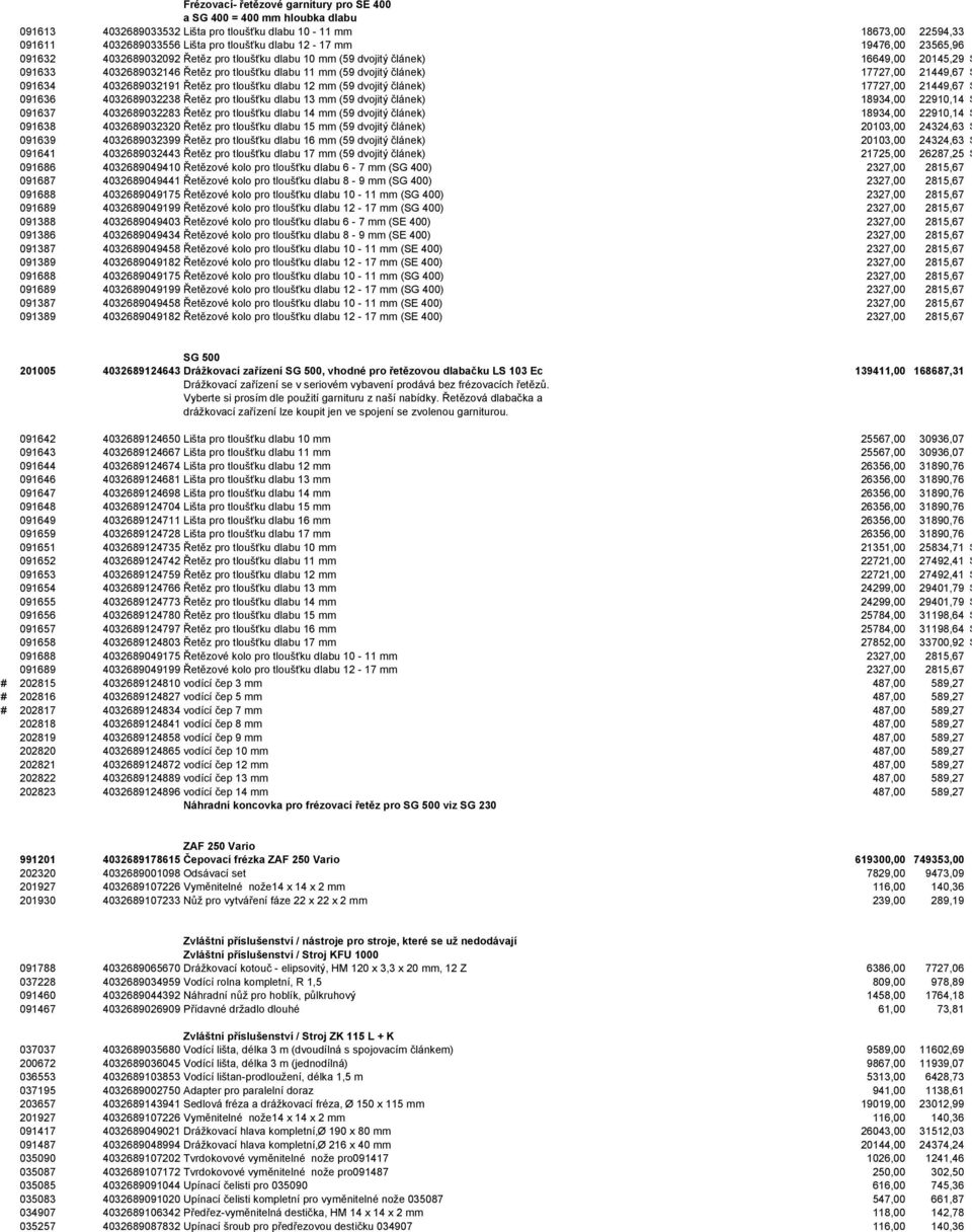 21449,67 S 091634 4032689032191 Řetěz pro tloušťku dlabu 12 mm (59 dvojitý článek) 17727,00 21449,67 S 091636 4032689032238 Řetěz pro tloušťku dlabu 13 mm (59 dvojitý článek) 18934,00 22910,14 S