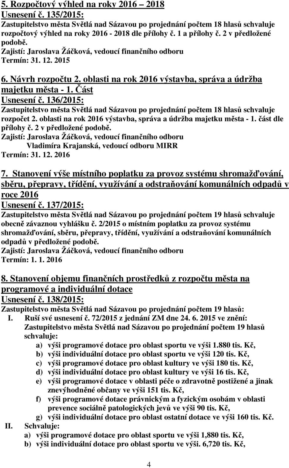 136/2015: Zastupitelstvo města Světlá nad Sázavou po projednání počtem 18 hlasů schvaluje rozpočet 2. oblasti na rok 2016 výstavba, správa a údržba majetku města - 1. část dle přílohy č.