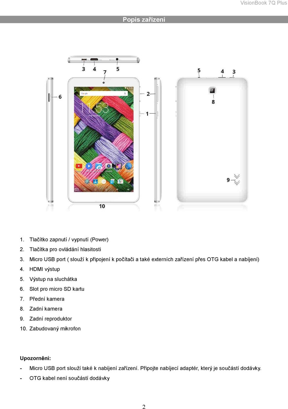 Výstup na sluchátka 6. Slot pro micro SD kartu 7. P ední kamera 8. Zadní kamera 9. Zadní reproduktor 10.