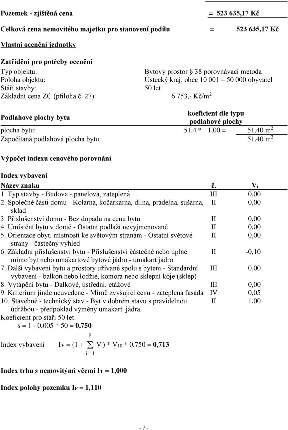 27): 6 753,- Kč/m 2 Podlahové plochy bytu koeficient dle typu podlahové plochy plocha bytu: 51,4 * 1,00 = 51,40 m 2 Započítaná podlahová plocha bytu: 51,40 m 2 Výpočet indexu cenového porovnání Index