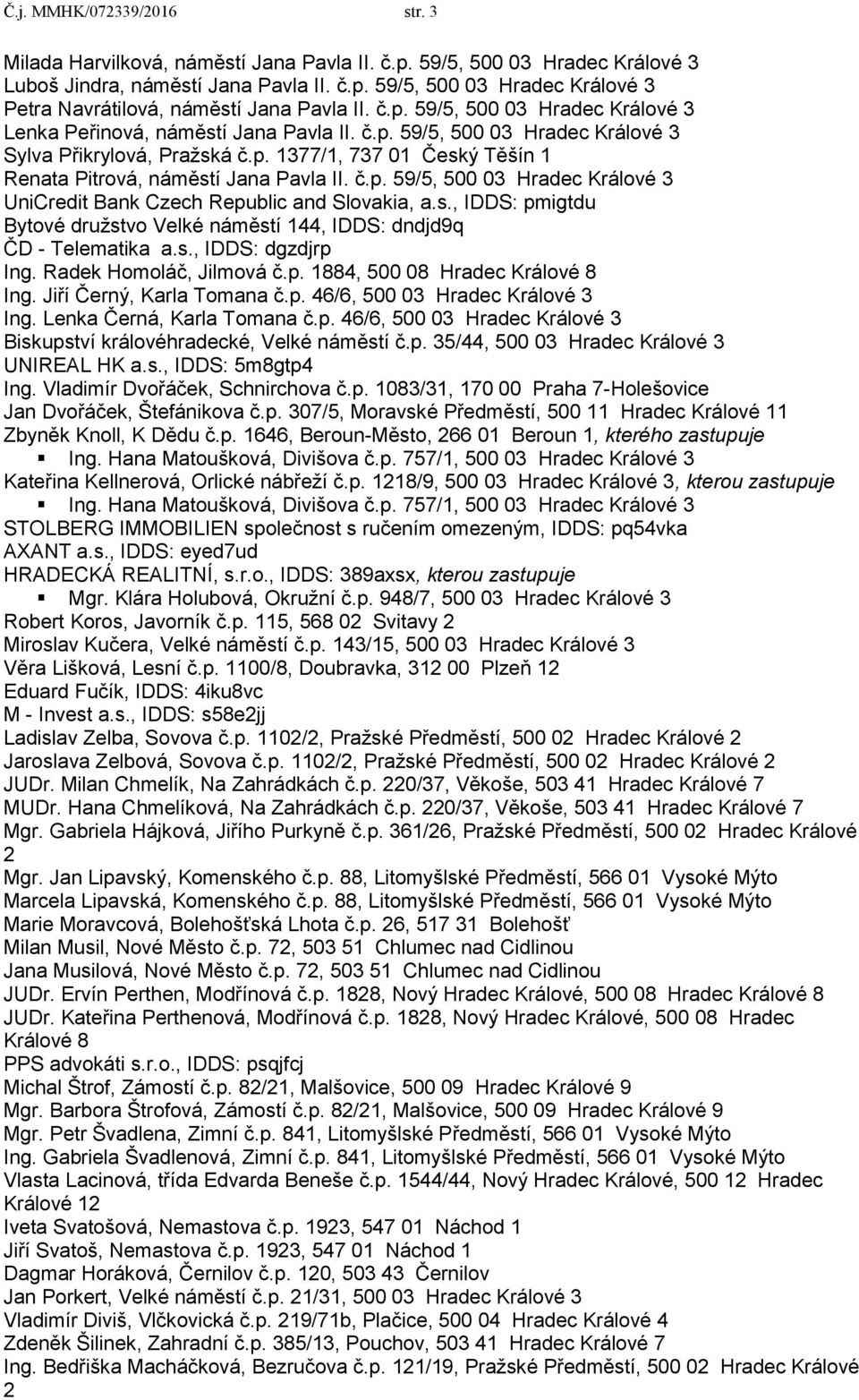 č.p. 59/5, 500 03 Hradec Králové 3 UniCredit Bank Czech Republic and Slovakia, a.s., IDDS: pmigtdu Bytové družstvo Velké náměstí 144, IDDS: dndjd9q ČD - Telematika a.s., IDDS: dgzdjrp Ing.