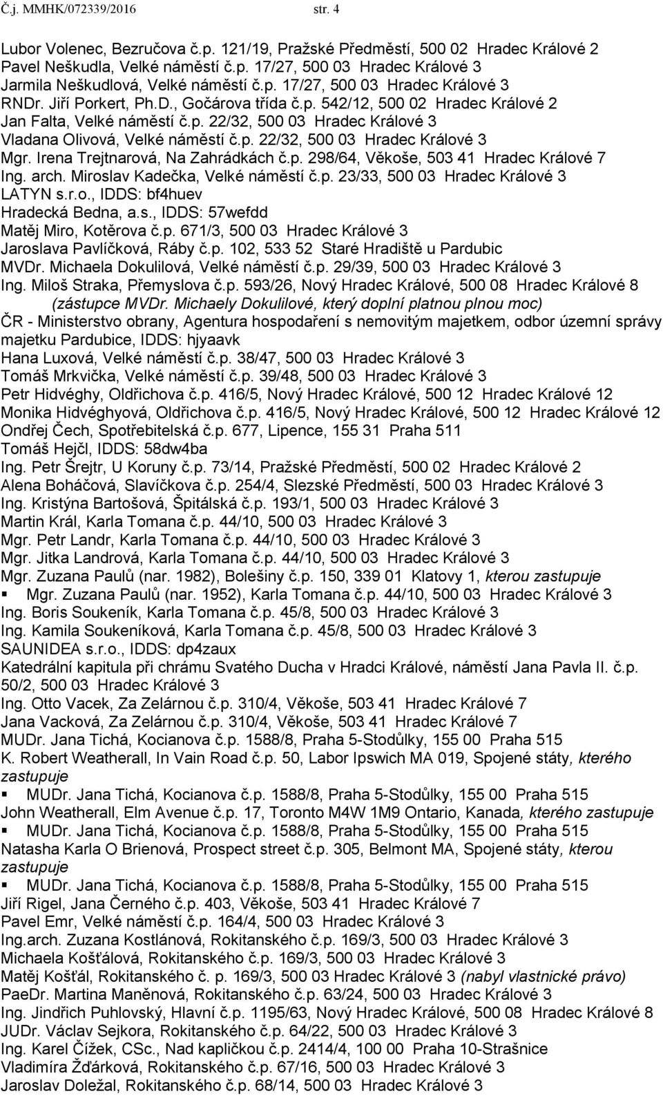 p. 22/32, 500 03 Hradec Králové 3 Mgr. Irena Trejtnarová, Na Zahrádkách č.p. 298/64, Věkoše, 503 41 Hradec Králové 7 Ing. arch. Miroslav Kadečka, Velké náměstí č.p. 23/33, 500 03 Hradec Králové 3 LATYN s.